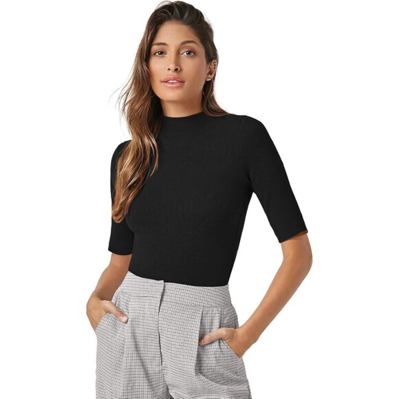 🆕Women Black Cotton Summer Top Casual Mock Neck Slim Fit Short Sleeve T-Shirt - Picture 2 of 5